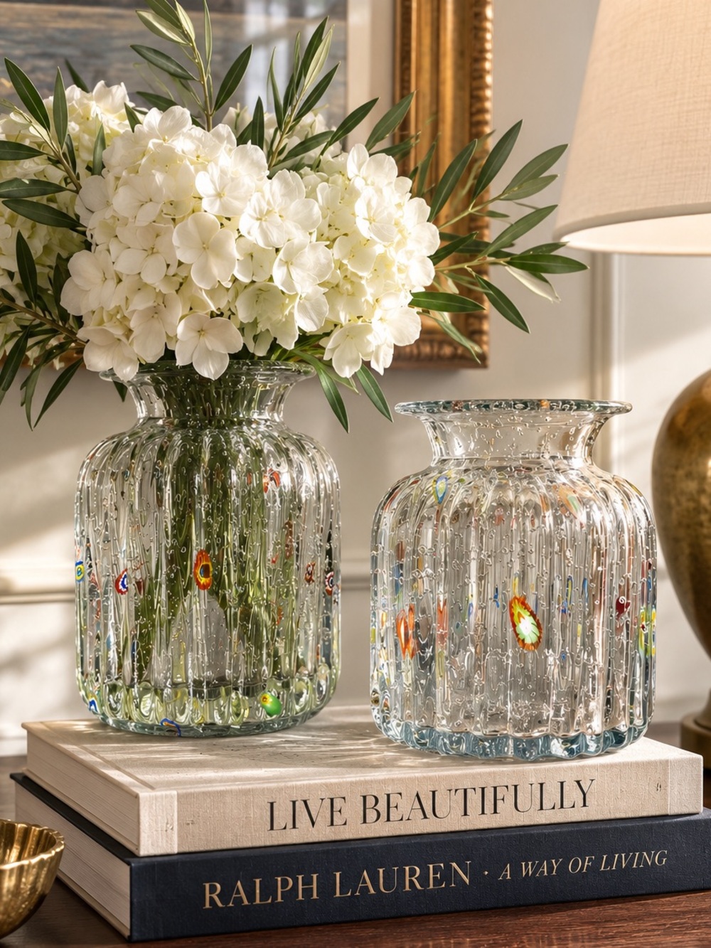 Pair Hand Blown Italian Art Glass Bubble Optic Millefiori Vases | 6.25” Tall